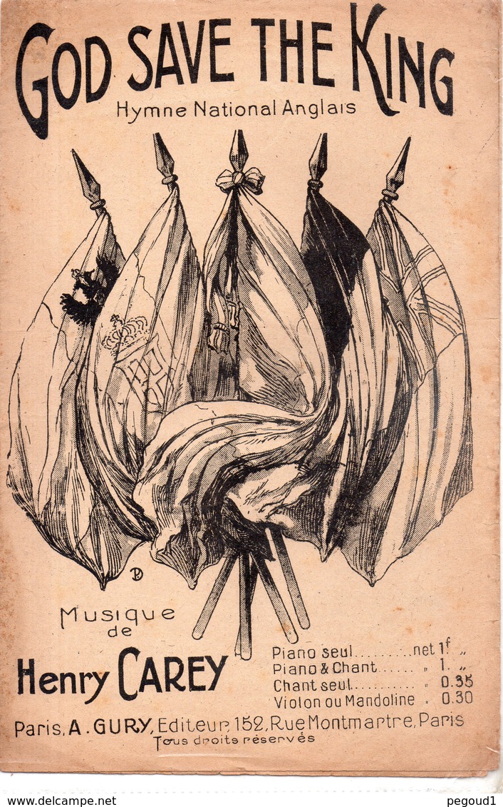 PARTITION MUSIQUE.GOD SAVE THE KING.HYMNE ANGLAIS.HENRY CAREY.A.GURY Achat Immédiat - Partitions Musicales Anciennes