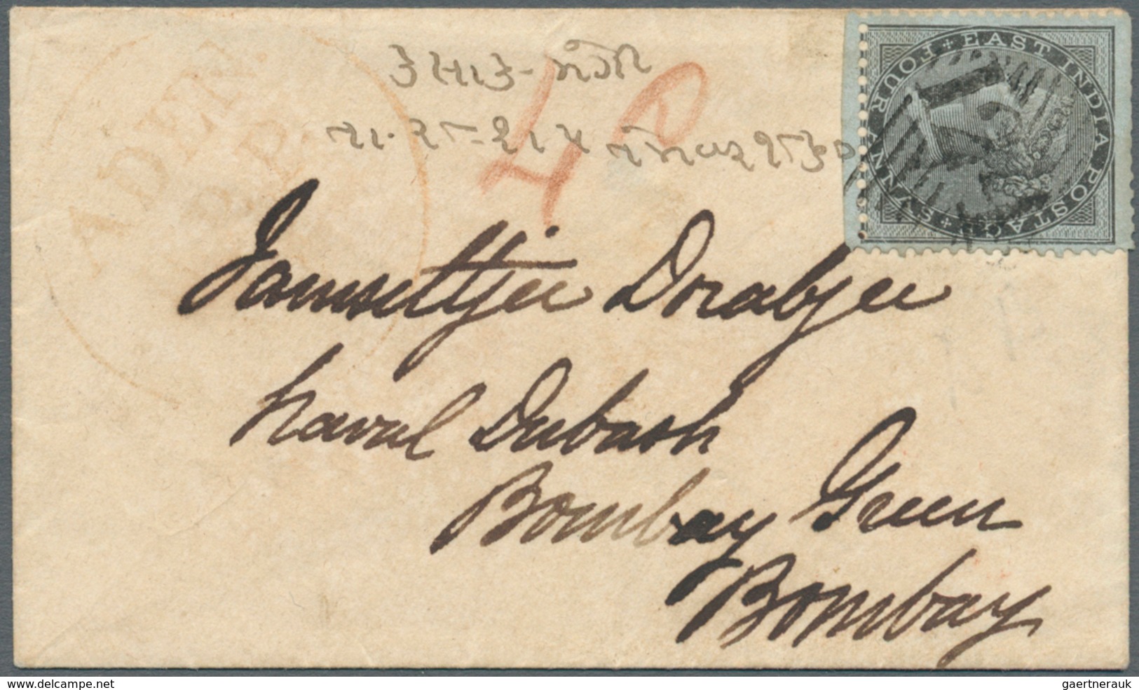 Aden: ADEN 1855-60 Ca.: Small Cover Sent From Aden To Bombay Franked By India 1855 4a. Black On Blui - Aden (1854-1963)