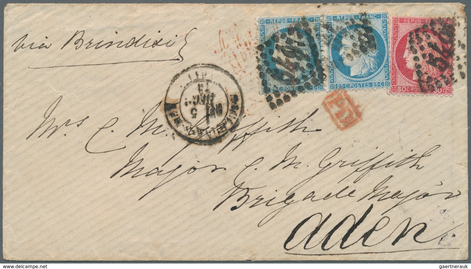 Aden: 1873 Cover From Boulogne-sur-Mer To ADEN Via Paris And Brindisi, Franked By Ceres 25c. Pair An - Aden (1854-1963)