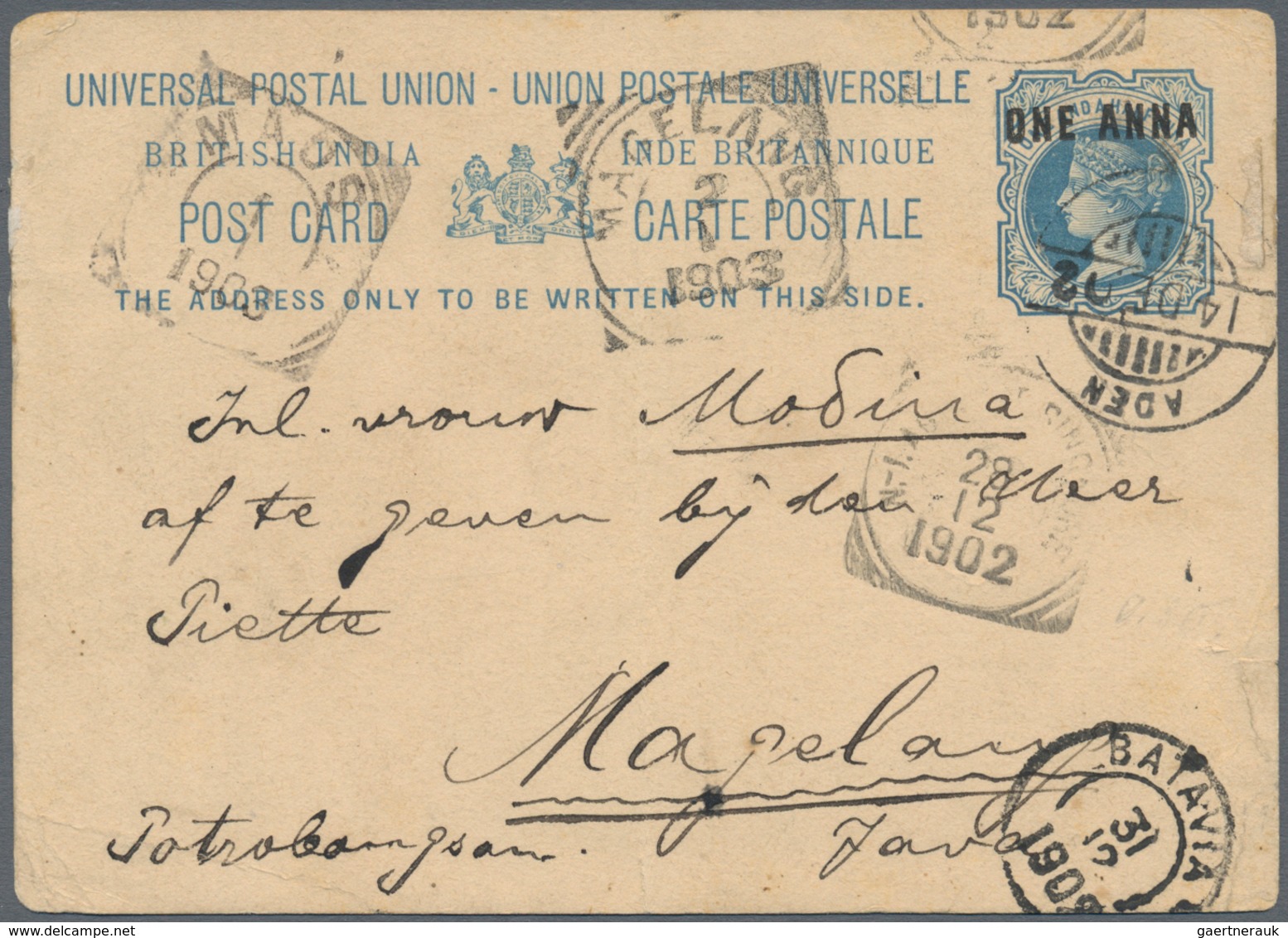 Aden: 1902, Stationery Card QV 1 A. On 1 1/2 A. Tied "ADEN 14 DE 02" (Robertson Type 24b) To Java/Du - Aden (1854-1963)
