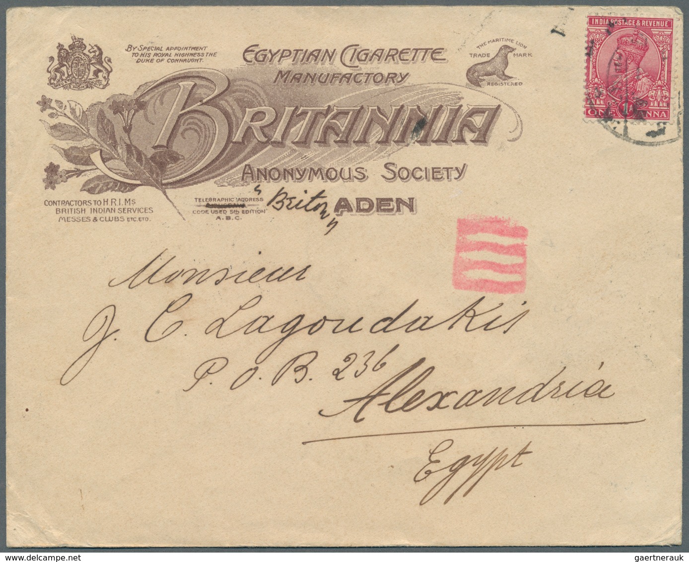 Aden: 1915 "Egyptian Cigarette Manufactory BRITANNIA In ADEN": Two Advertising Envelopes (one In Bro - Aden (1854-1963)