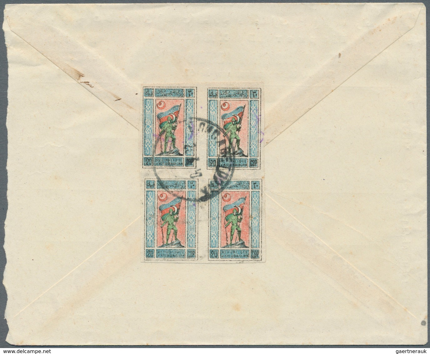 Aserbaidschan (Azerbaydjan): 1922, 20 K. Imperf., A Block-4 Canc. "BAKU 26.3.20" To Reverse Of Inlan - Aserbaidschan