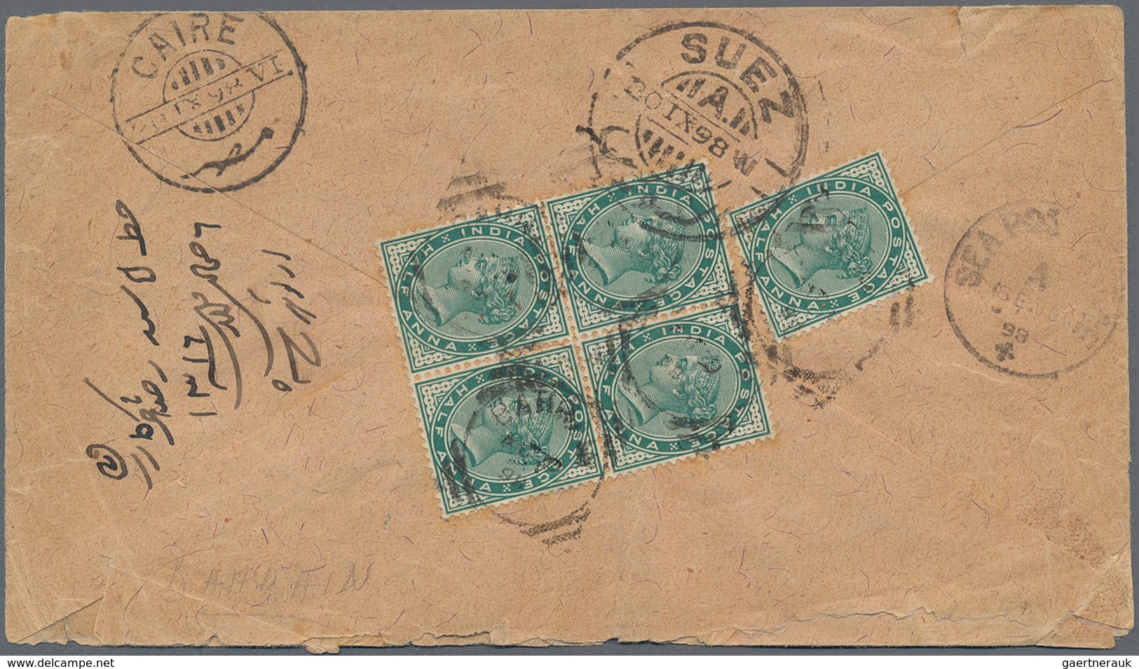 Bahrain: 1898 Cover From Bahrain To Cairo Via Bombay-Aden And Suez, Franked On The Reverse By India - Bahrein (1965-...)