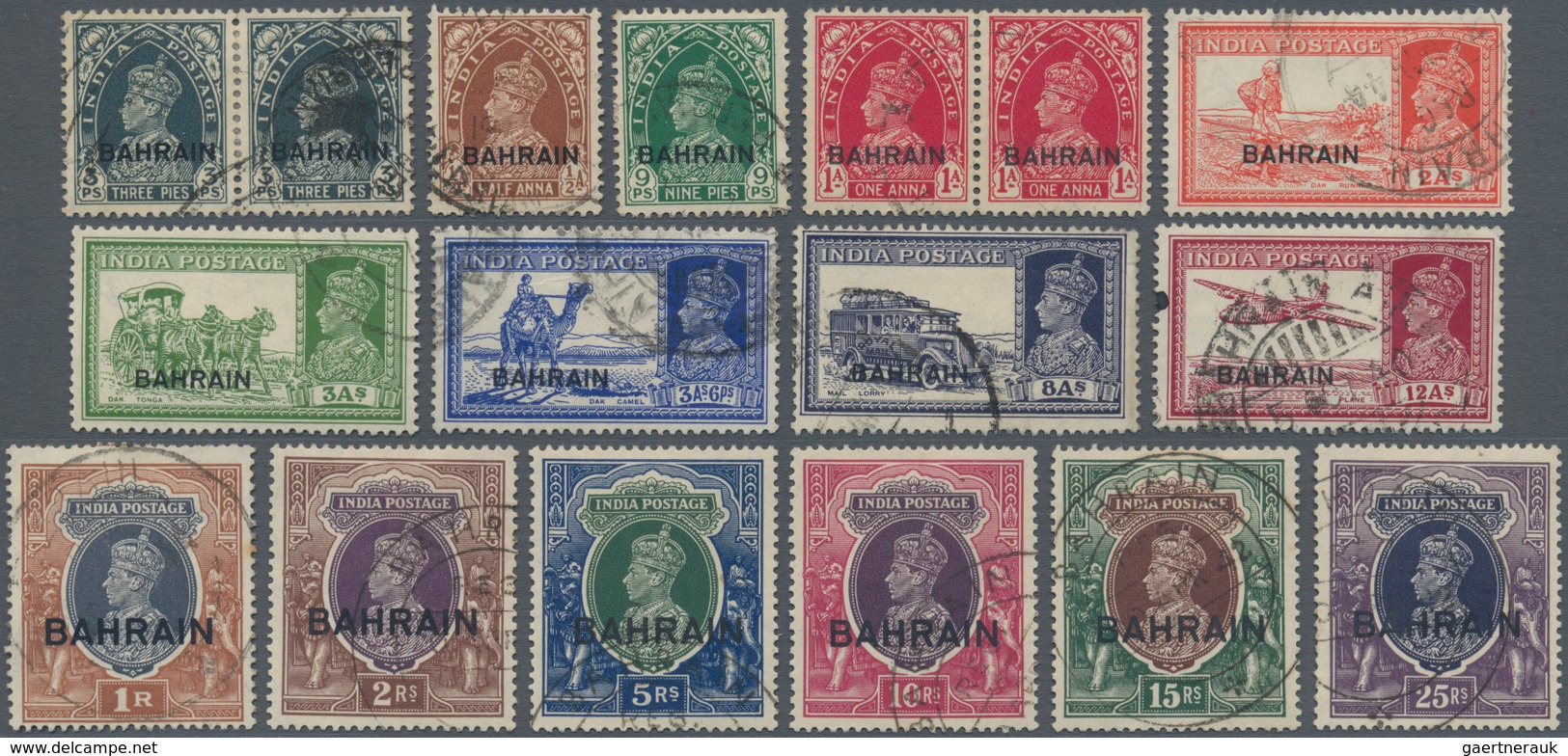 Bahrain: 1938-45 KGVI. Two Sets, Complete Except 1941 4a. Brown, Used And Cancelled By Various Types - Bahrein (1965-...)