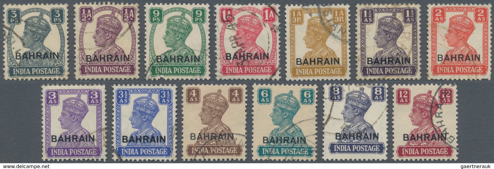 Bahrain: 1938-45 KGVI. Two Sets, Complete Except 1941 4a. Brown, Used And Cancelled By Various Types - Bahrein (1965-...)