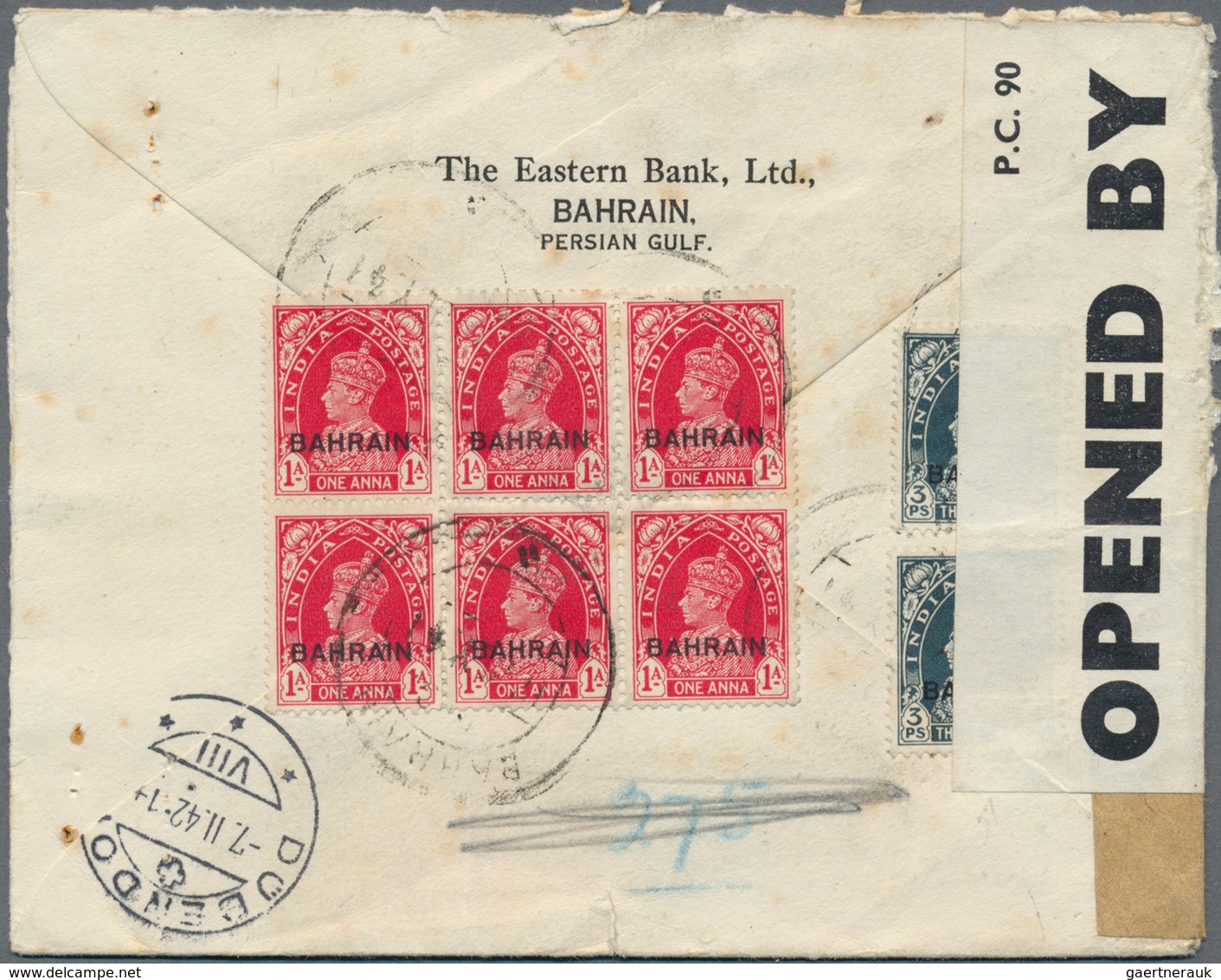 Bahrain: 1942, KGVI 1 A. (block-6, 3x2) And 3 Ps. (pair) Tied "BAHREIN 17 JLY 41" To Registered Cove - Bahreïn (1965-...)