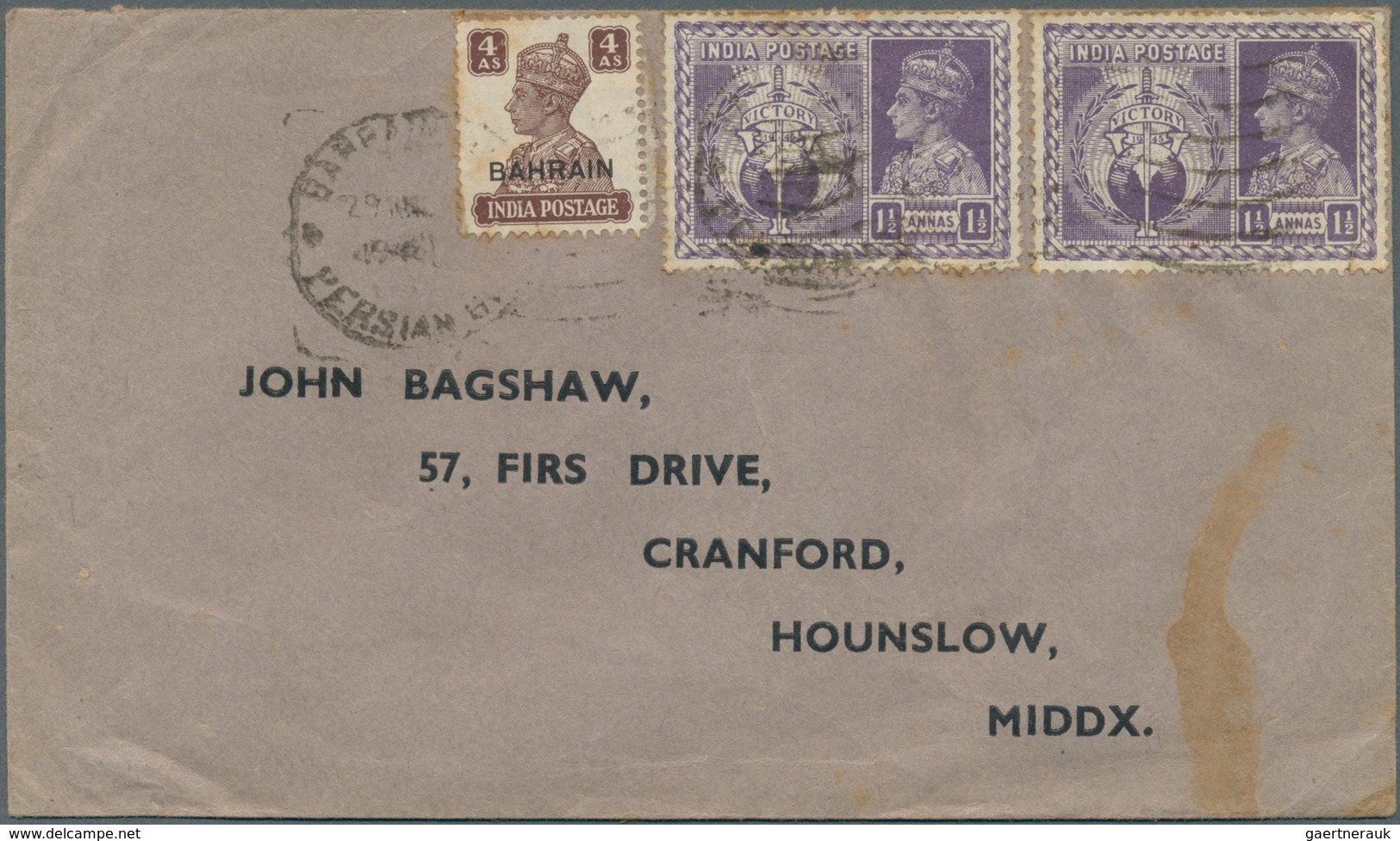 Bahrain: 1946 Cover To England Bearing Mixed Franking Of Bahrain KGVI. 1942-45 4a. Brown In Combinat - Bahrein (1965-...)