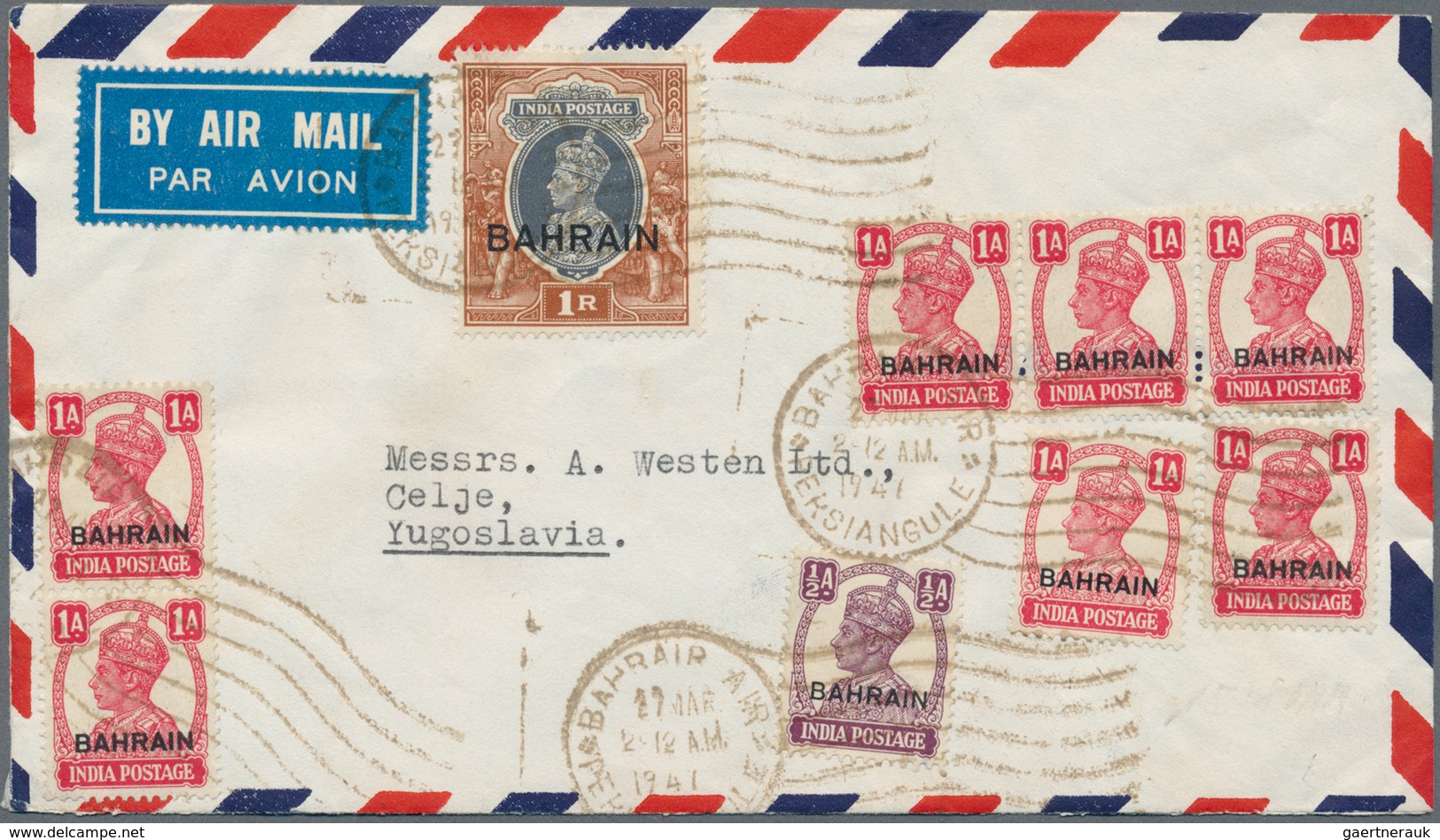 Bahrain: 1947, KGVI 1 R., 1 A. (7) And 1/2 A. Tied "BAHREIN 27 MAR 1947 PERSIAN GULF" To Air Mail Co - Bahrein (1965-...)