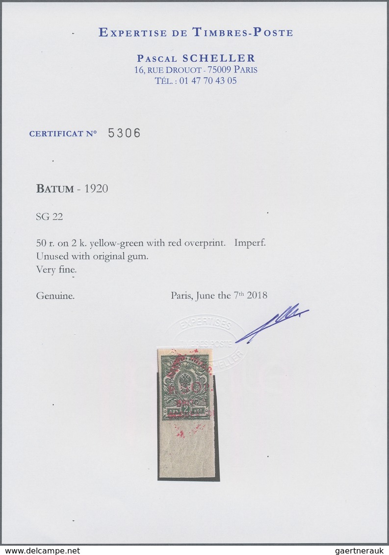 Batum: 1920, 50 R. On 2 K. Yellow-green With Red Overprint, A Bottom Margin Copy, Mint Never Hinged - Batum (1919-1920)