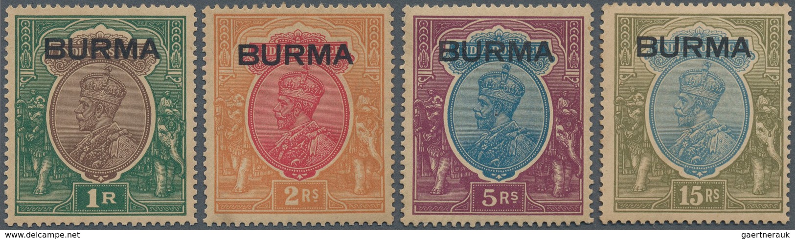 Birma / Burma / Myanmar: 1937 KGV. High Values 1r., 2r., 5r. And 15r. All Mint Never Hinged, Toned, - Myanmar (Burma 1948-...)