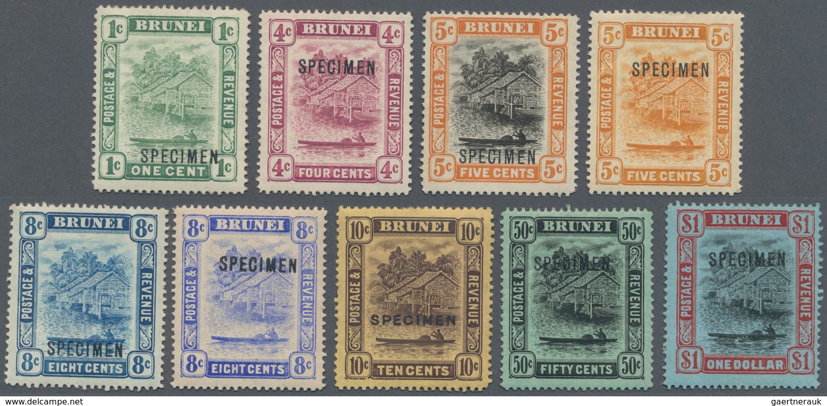 Brunei: 1908/1916, 'Huts And Canoe' Colour Changes Nine Different Stamps Incl. 5c. Orange, 8c. Grey - Brunei (1984-...)