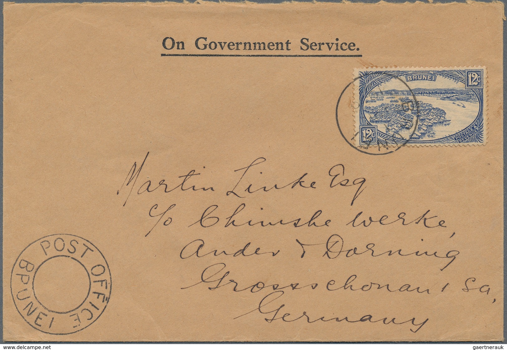Brunei: 1936, 12 C Blue, Single Franking On "On Government Service" Cover With Cds BRUNEI, (...)1936 - Brunei (1984-...)