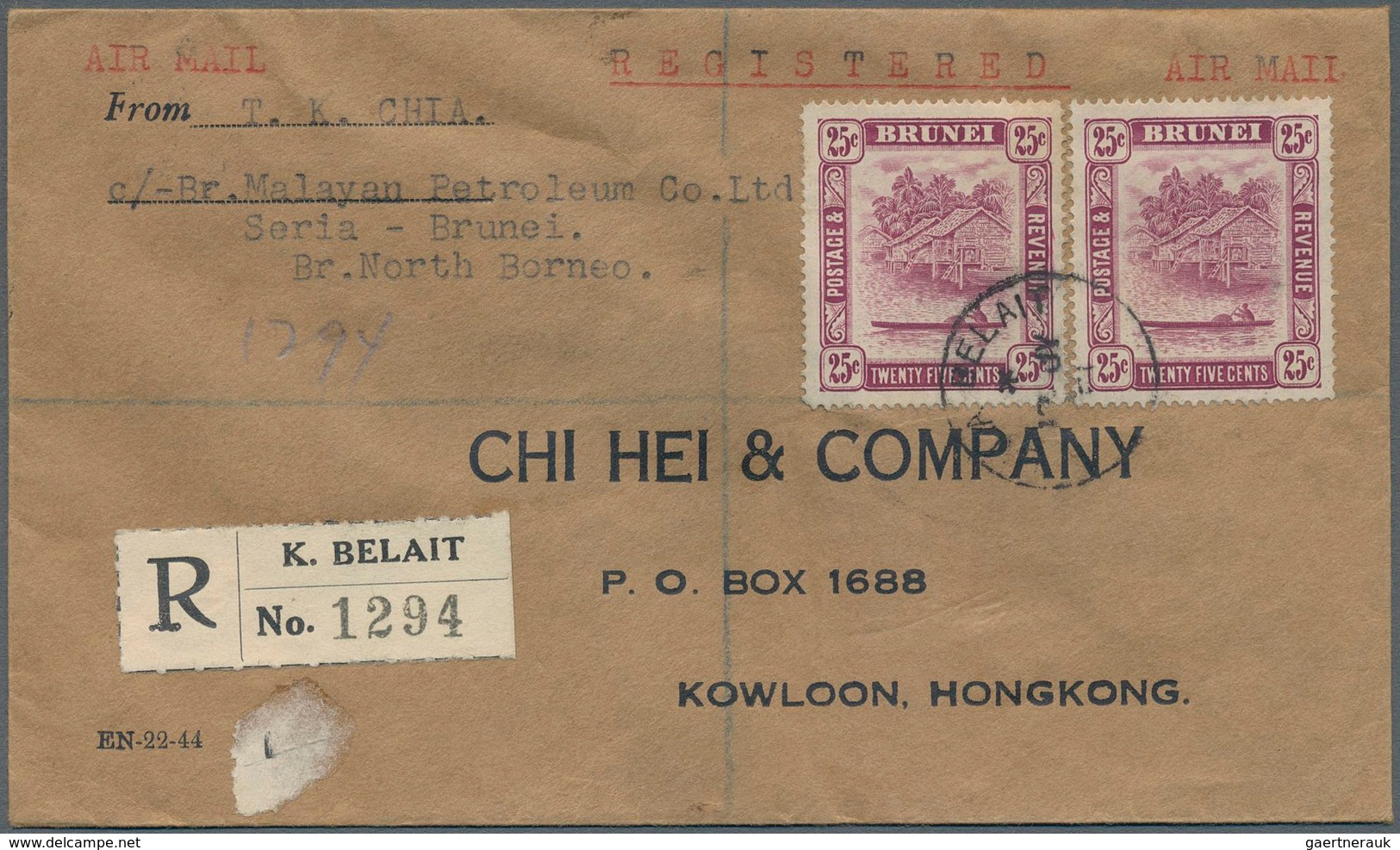 Brunei: 1951 Registered Airmail Cover From Kuala Belait To Kowloon, Hongkong Franked By 1947 25c. De - Brunei (1984-...)