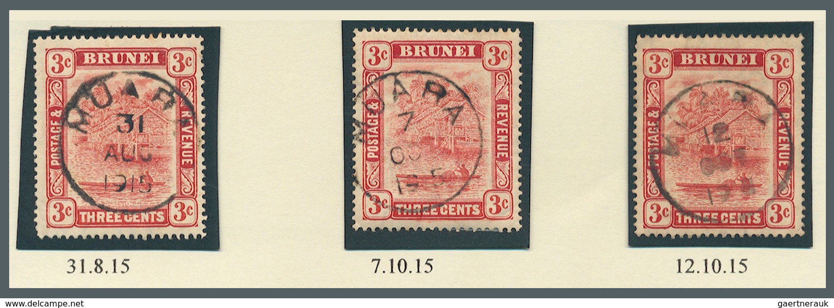Brunei - Stempel: MUARA (type D3): 1915, Three 3c ‘bush Huts And Canoe’ Stamps With Clear Cancels Of - Brunei (1984-...)