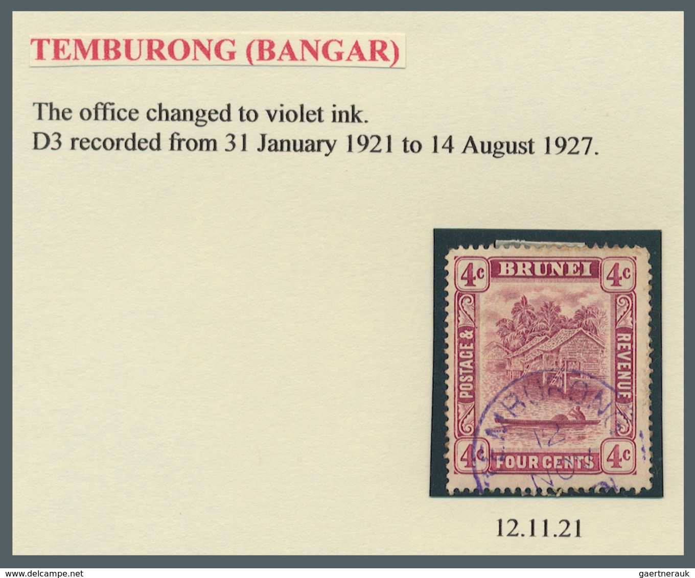 Brunei - Stempel: TEMBURONG (type D3): 1921/25, Five ‘bush Huts And Canoe’ Stamps With Good To Fine - Brunei (1984-...)