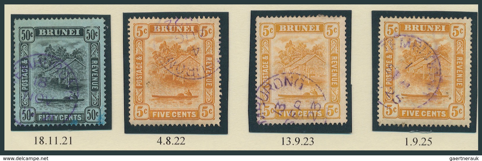 Brunei - Stempel: TEMBURONG (type D3): 1921/25, Five ‘bush Huts And Canoe’ Stamps With Good To Fine - Brunei (1984-...)