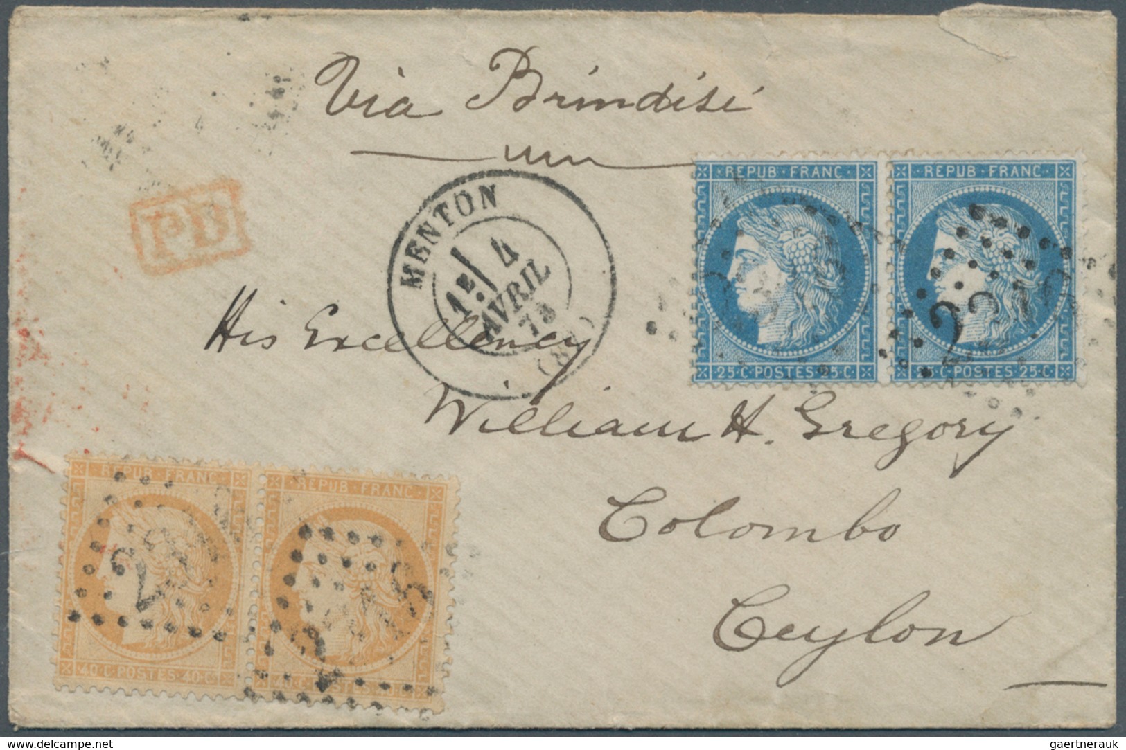 Ceylon / Sri Lanka: 1873. Envelope Addressed To Ceylong Bearing French 'Siege De Paris' Yvert 37, 25 - Sri Lanka (Ceylon) (1948-...)