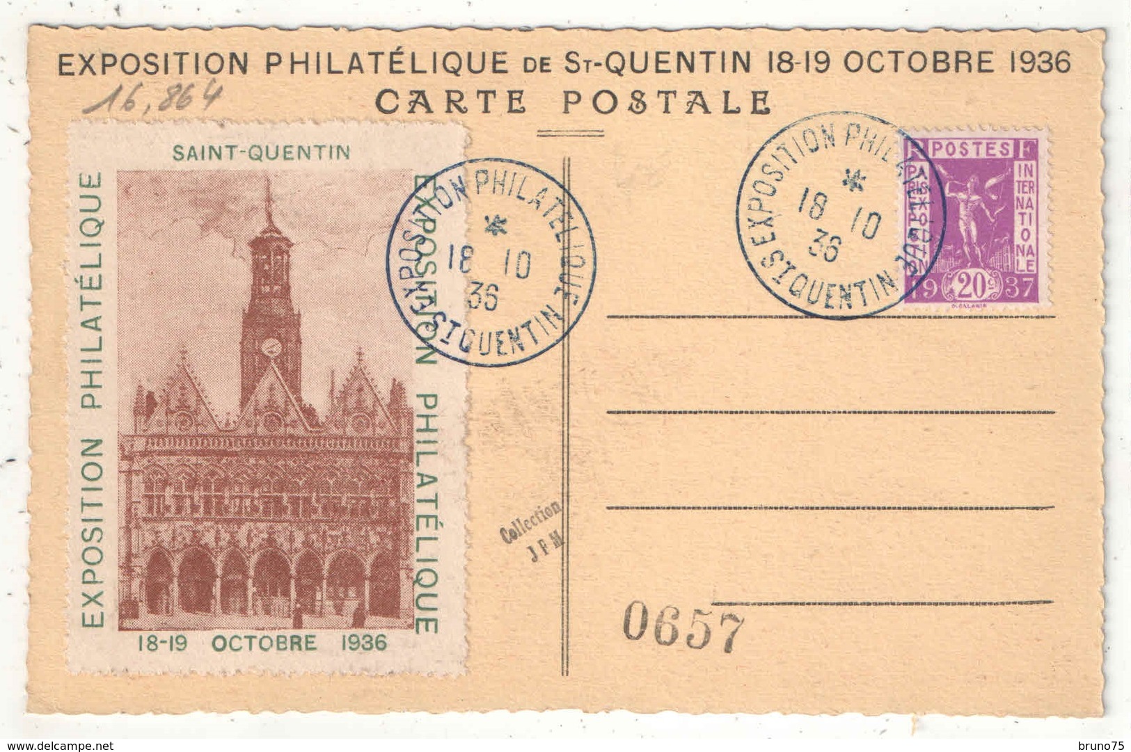 Vignette De L'Exposition Philatélique De SAINT-QUENTIN - Octobre 1936 - Sur Carte Postale - Esposizioni Filateliche