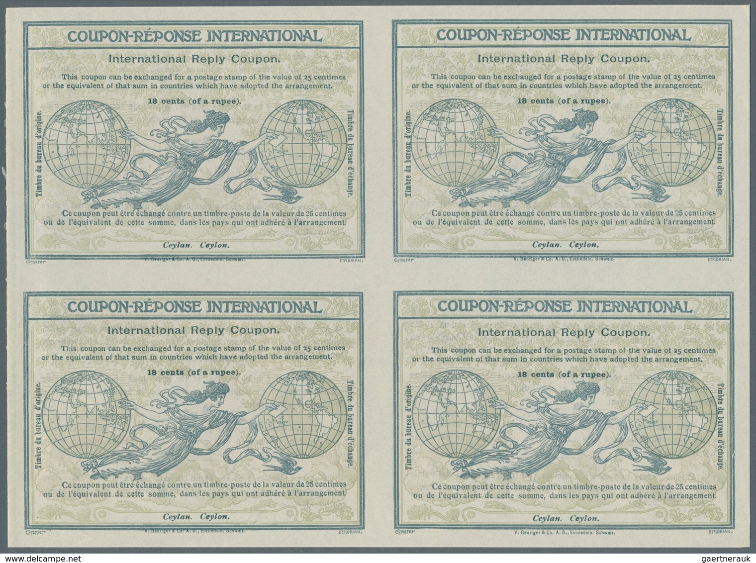 Ceylon / Sri Lanka: Design "Rome" 1906 International Reply Coupon As Block Of Four 18 C. Ceylon. Thi - Sri Lanka (Ceylan) (1948-...)