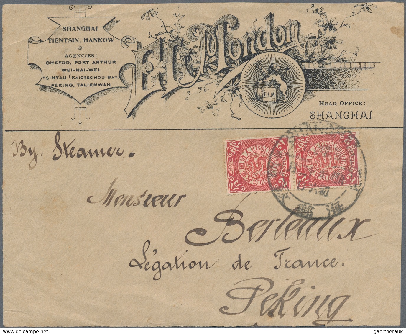 China: 1898, Coiling Dragon 2 C. Vertical Pair Tied Large Dollar "SHANGHAI 17 JAN 99" To Front Cover - 1912-1949 République