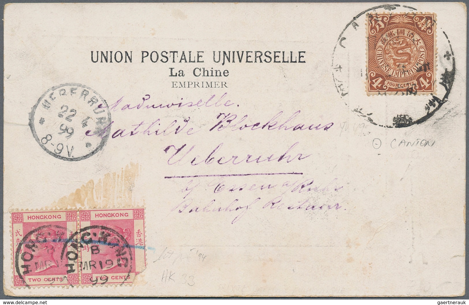China: 1898, Coiling Dragon 4 C. Brown Tied Lunar Dater "CANTON" To Ppc In Combination W. Hong KONG - 1912-1949 République