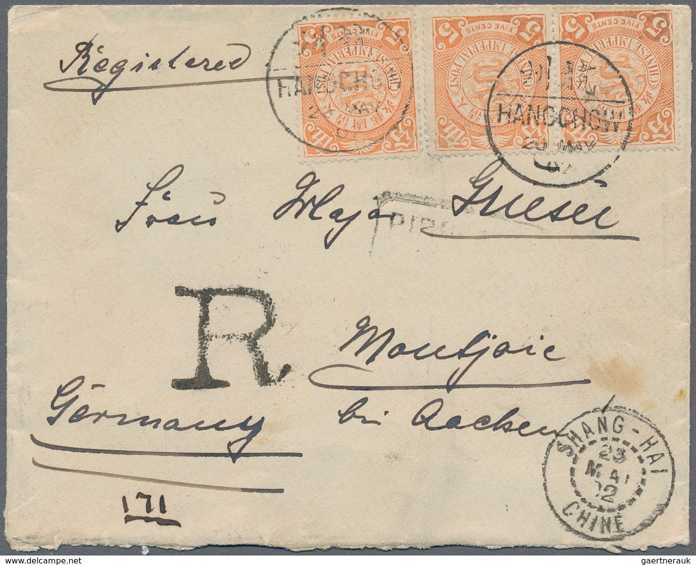 China: 1898, 5 C. Salmon (5, Two On Reverse) Tied Bisected Bilingual "HANGCHOW 20 MAY 02" To Small S - 1912-1949 République