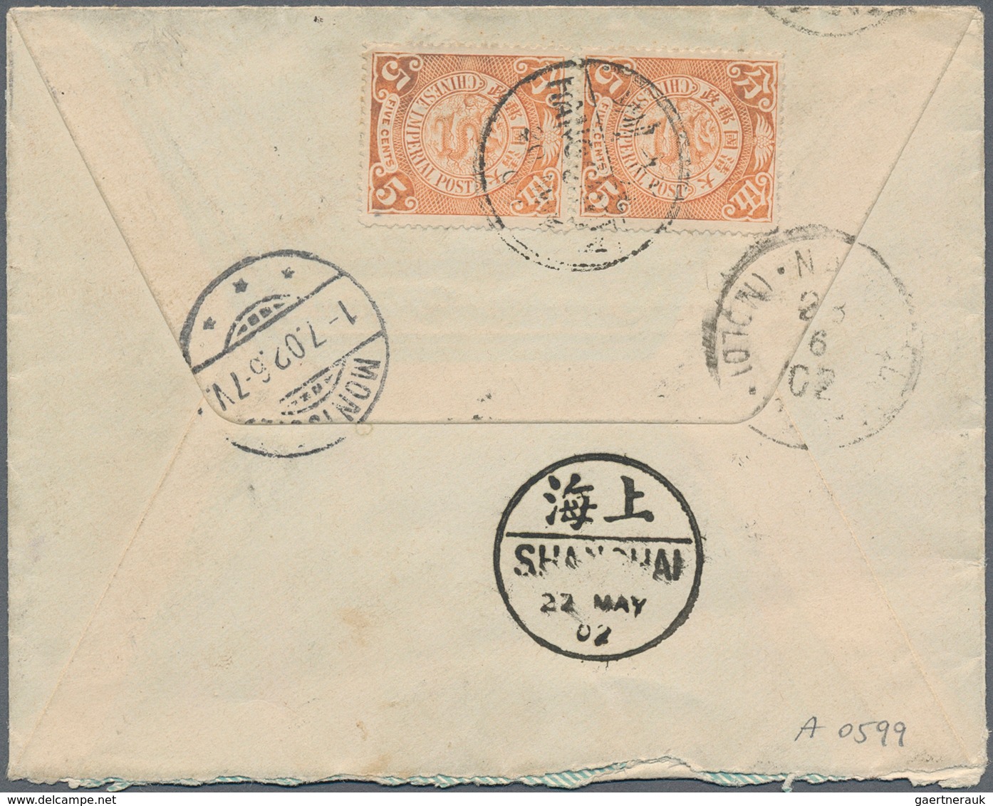 China: 1898, 5 C. Salmon (5, Two On Reverse) Tied Bisected Bilingual "HANGCHOW 20 MAY 02" To Small S - 1912-1949 République