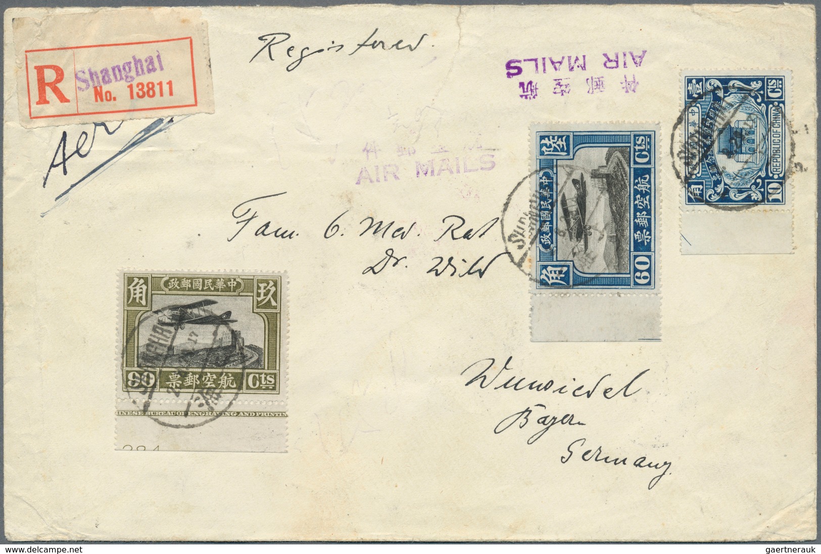 China: 1929, Adjusted Design Airmails Set 15 C./90 C. With 10 C. State Burial (5) Tied "SHANGHAI 2.8 - 1912-1949 Republik