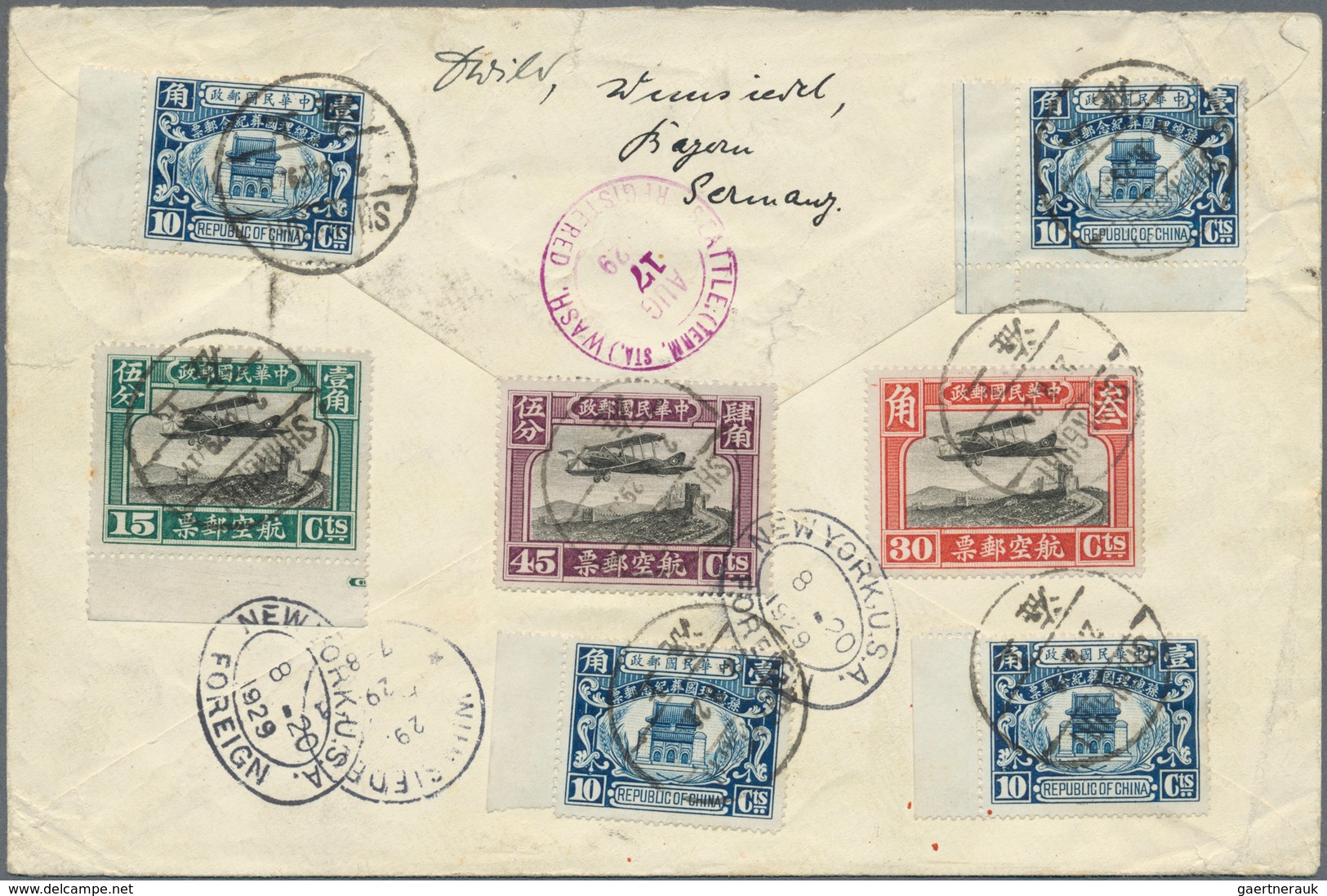 China: 1929, Adjusted Design Airmails Set 15 C./90 C. With 10 C. State Burial (5) Tied "SHANGHAI 2.8 - 1912-1949 République