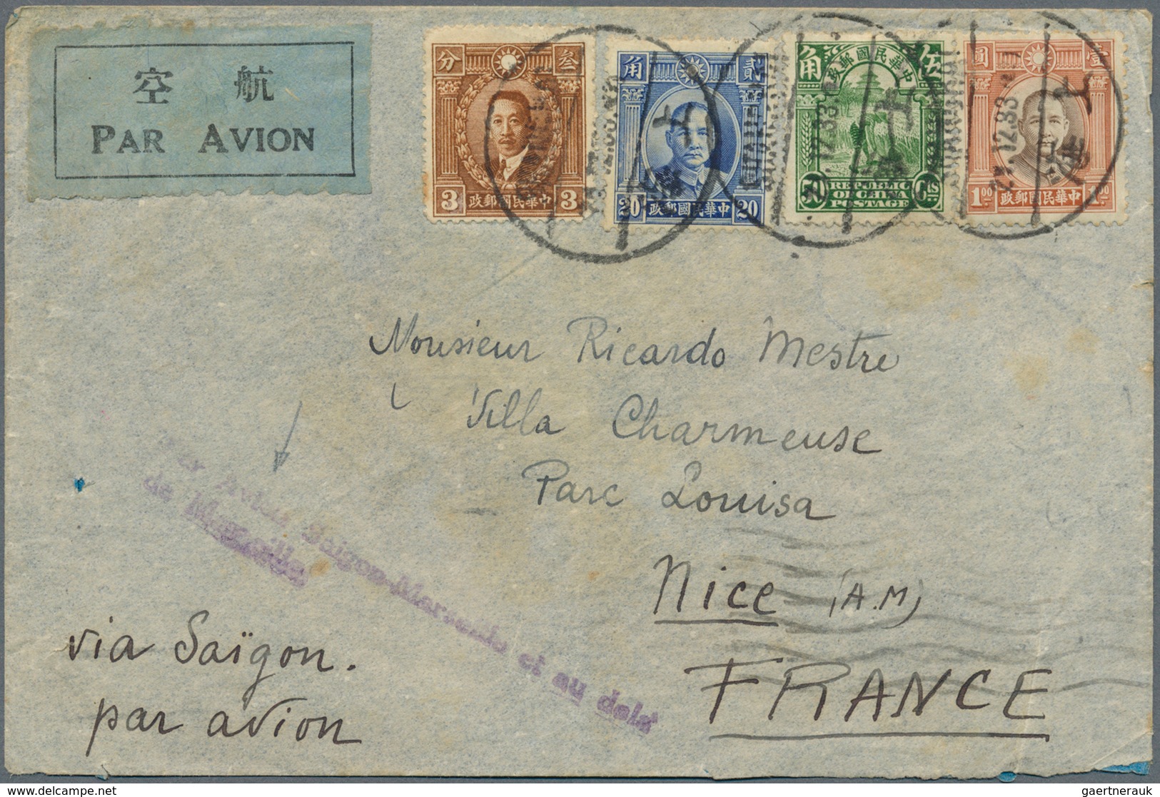 China: 1934, The "Emeraude" Disaster: Total $1.73 Frank Tied "SHANGHAI 21.12.33" To Air Mail Cover T - 1912-1949 République