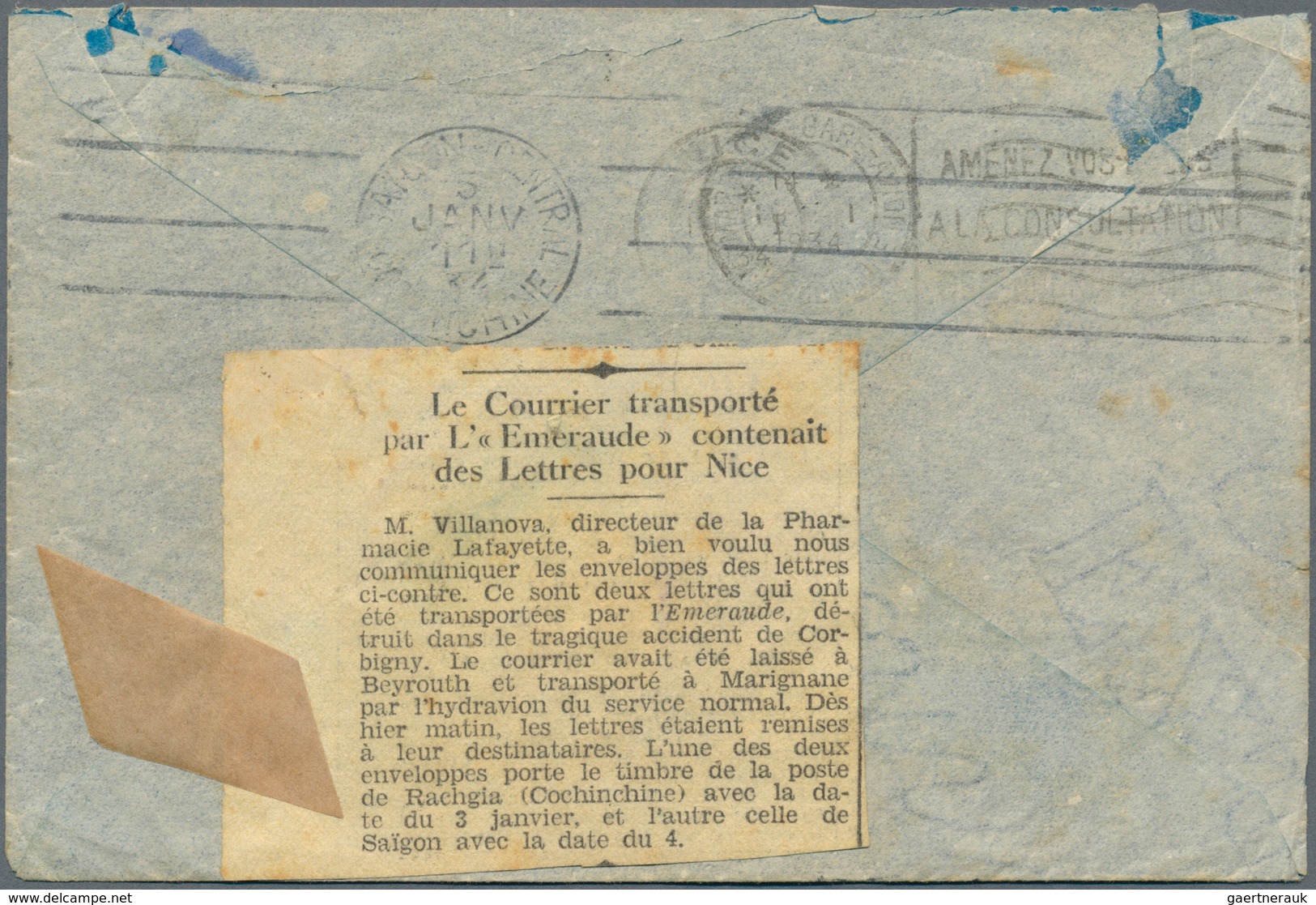 China: 1934, The "Emeraude" Disaster: Total $1.73 Frank Tied "SHANGHAI 21.12.33" To Air Mail Cover T - 1912-1949 République