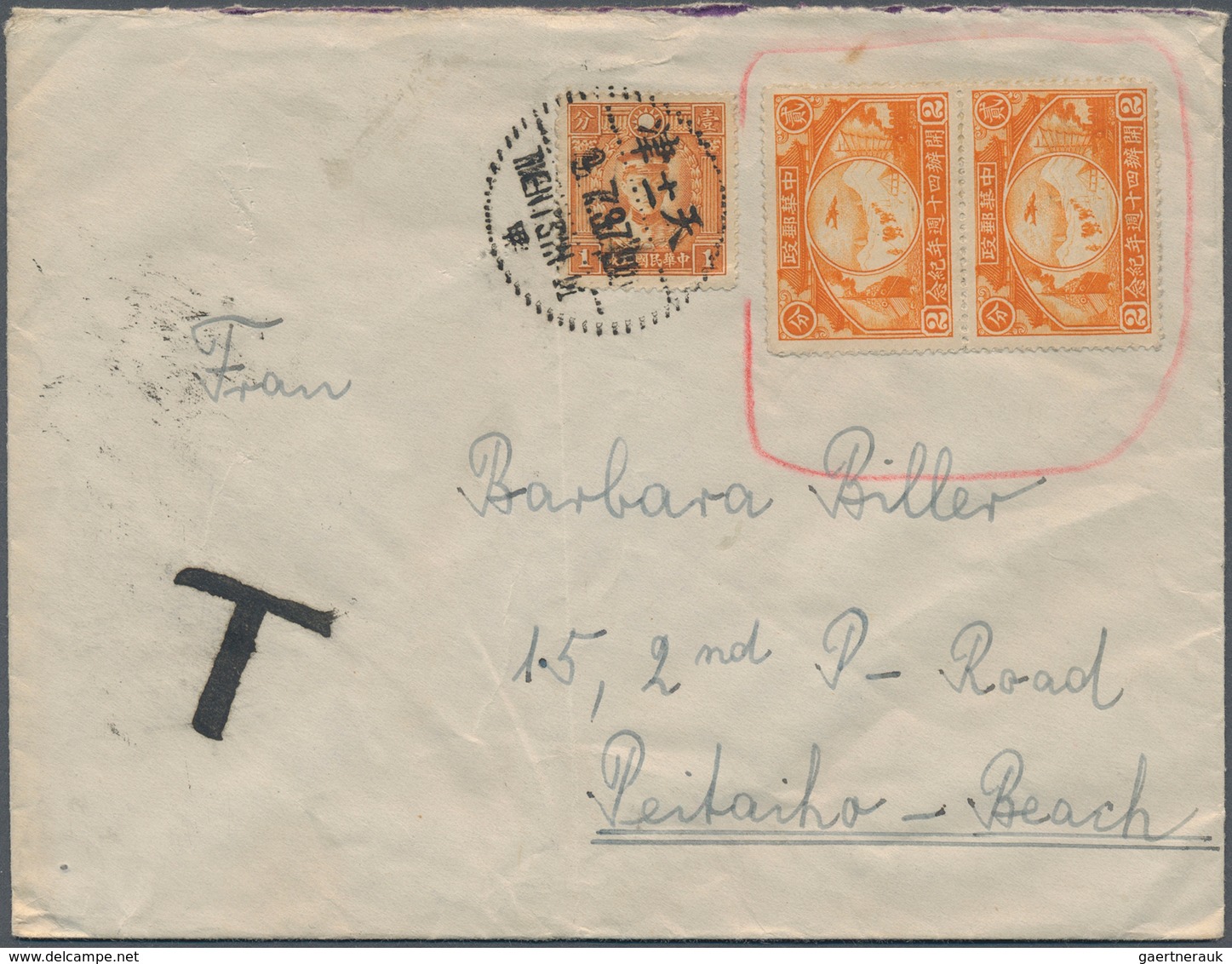 China: 1936, 40 Years Postal Service 2 C. Orange Pair Encircled W. Red Pencil And Martyr 1 C. Tied " - 1912-1949 Republik