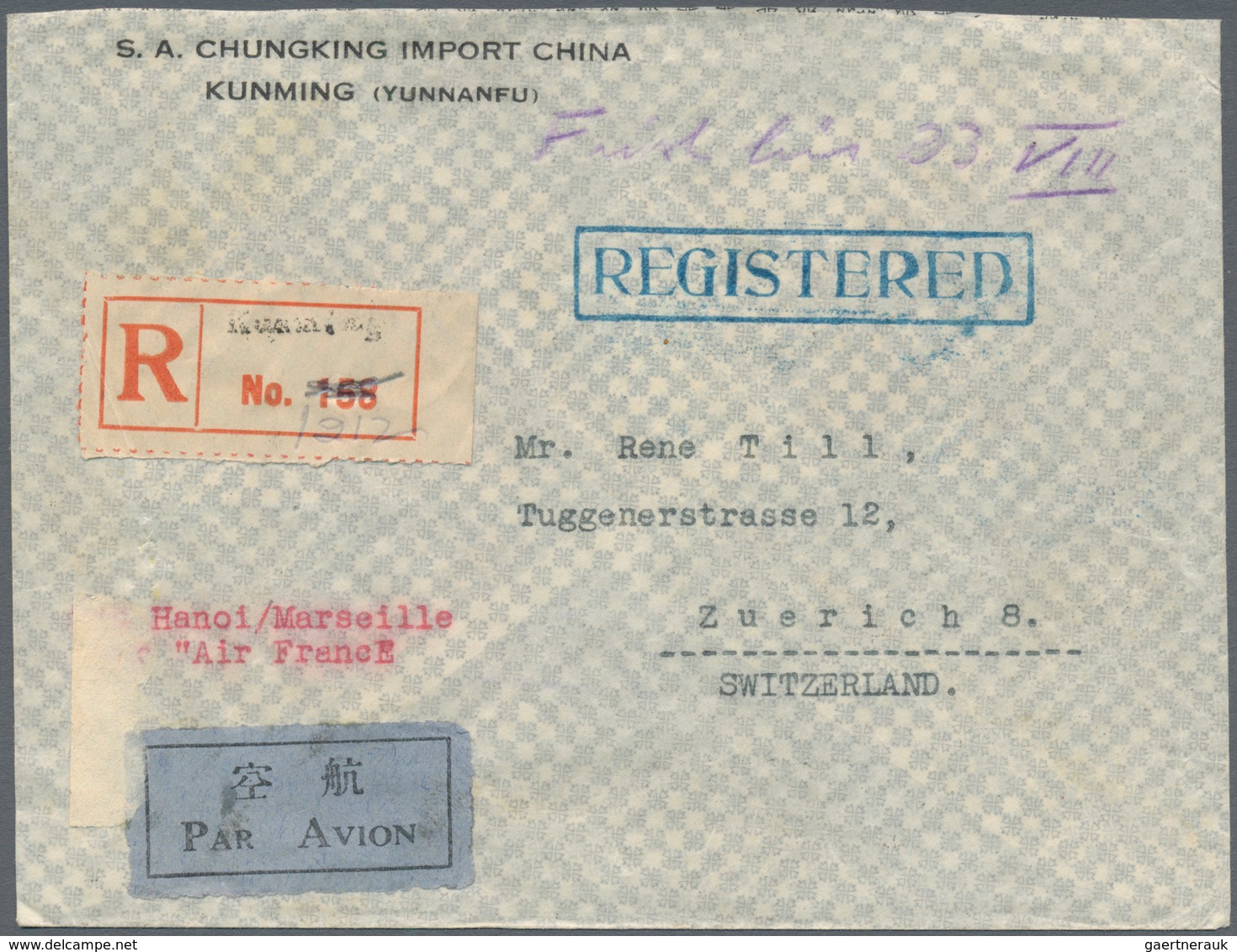 China: 1938/39, Two Air Mail Covers To Zurich/Switzerland: $1.75 Frank Tied "HANKOW 27.4.25" To Reve - 1912-1949 Republik