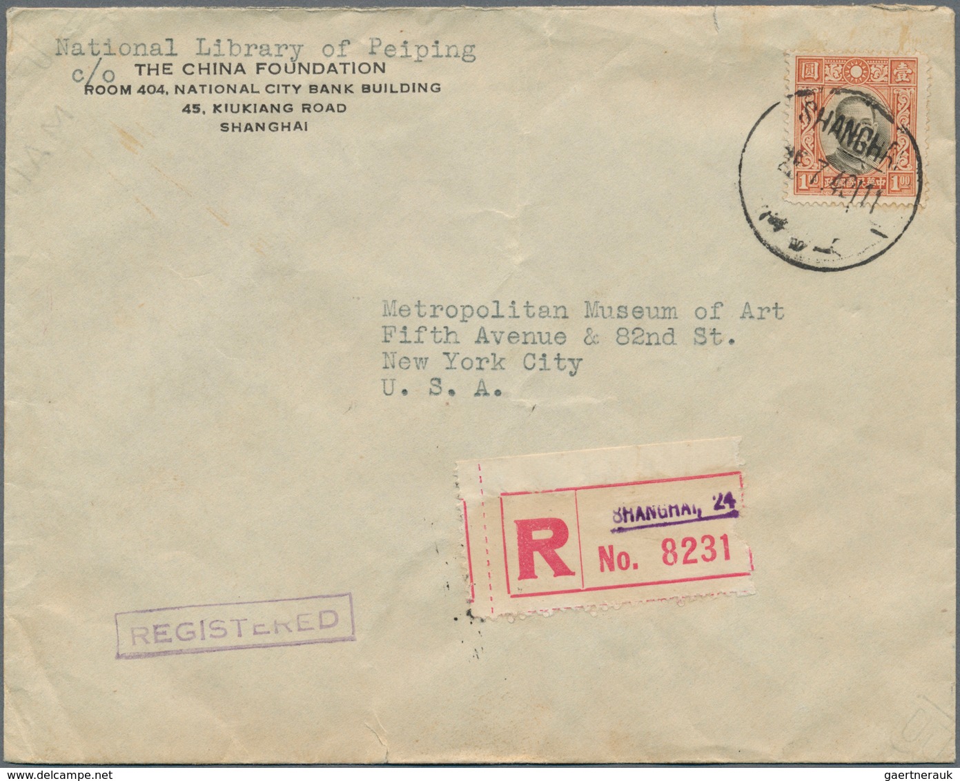 China: 1940, SYS $1 Tied "SHANGHAI 25.7.40" To Met Museum New Yok, Sender Peiping National Library W - 1912-1949 Republic