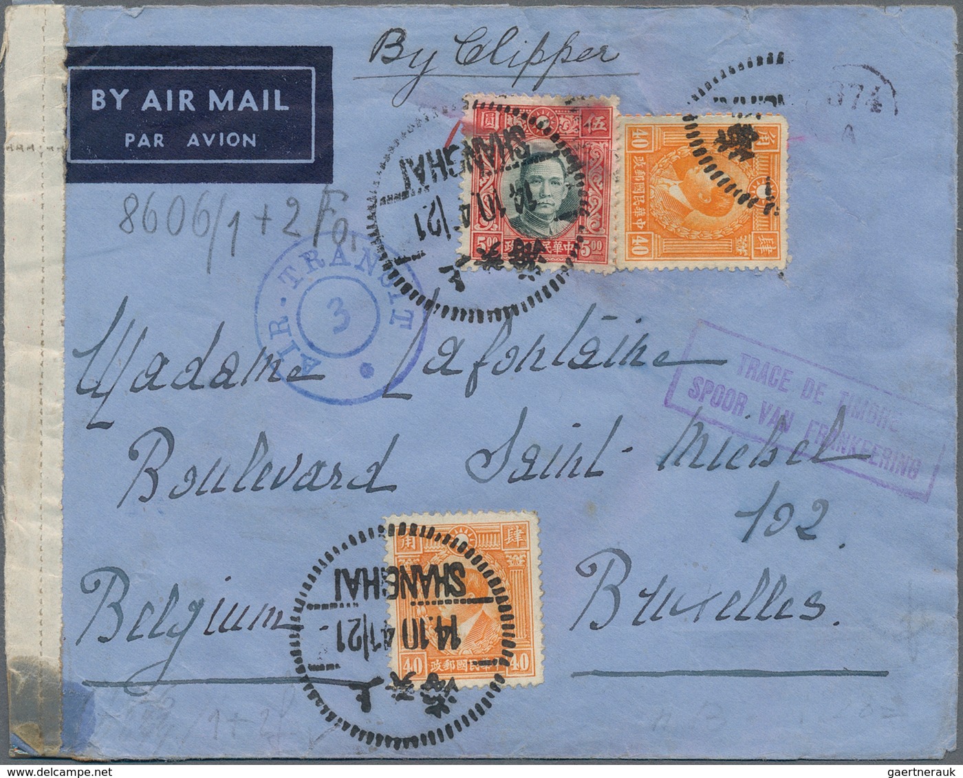 China: 1941, Air Mail Envelope Addressed To Belgium Bearing China SG 480, S5 Green And Scarlet And S - 1912-1949 Republic