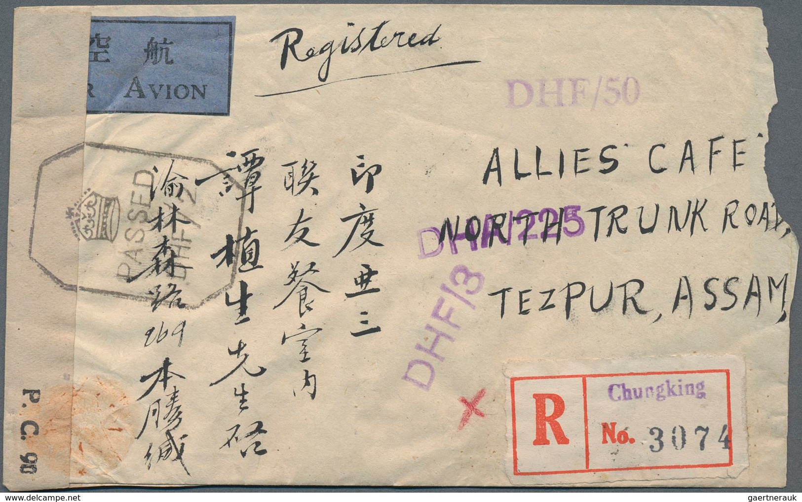 China: 1945 Two Censored Registered Covers From Chungking To Tezpur, Assam, India, One Also Air Mail - 1912-1949 République