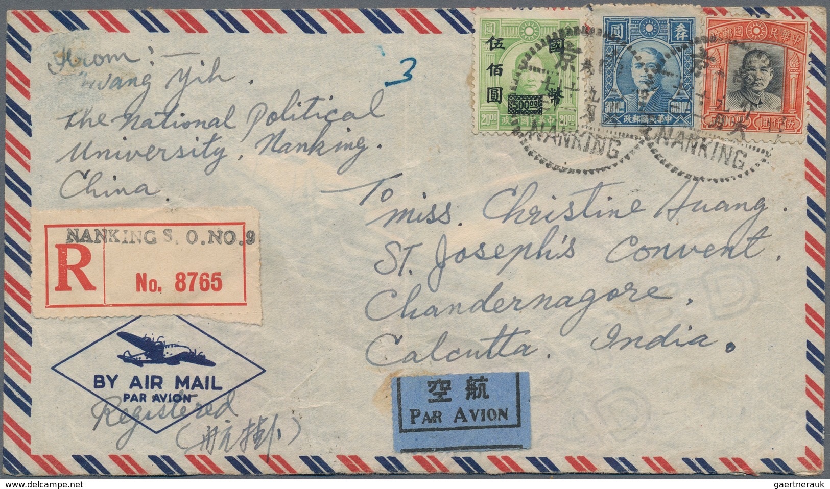 China: 1947 Registered Airmail Cover From Nanking To Chandernagore, French India Via Shanghai, Frank - 1912-1949 République