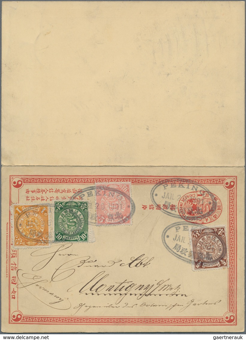 China - Ganzsachen: 1898, ICP Double Card 1+1 Uprated Coiling Dragon 1/2 C., 1 C., 5 C. Salmon And 1 - Cartes Postales