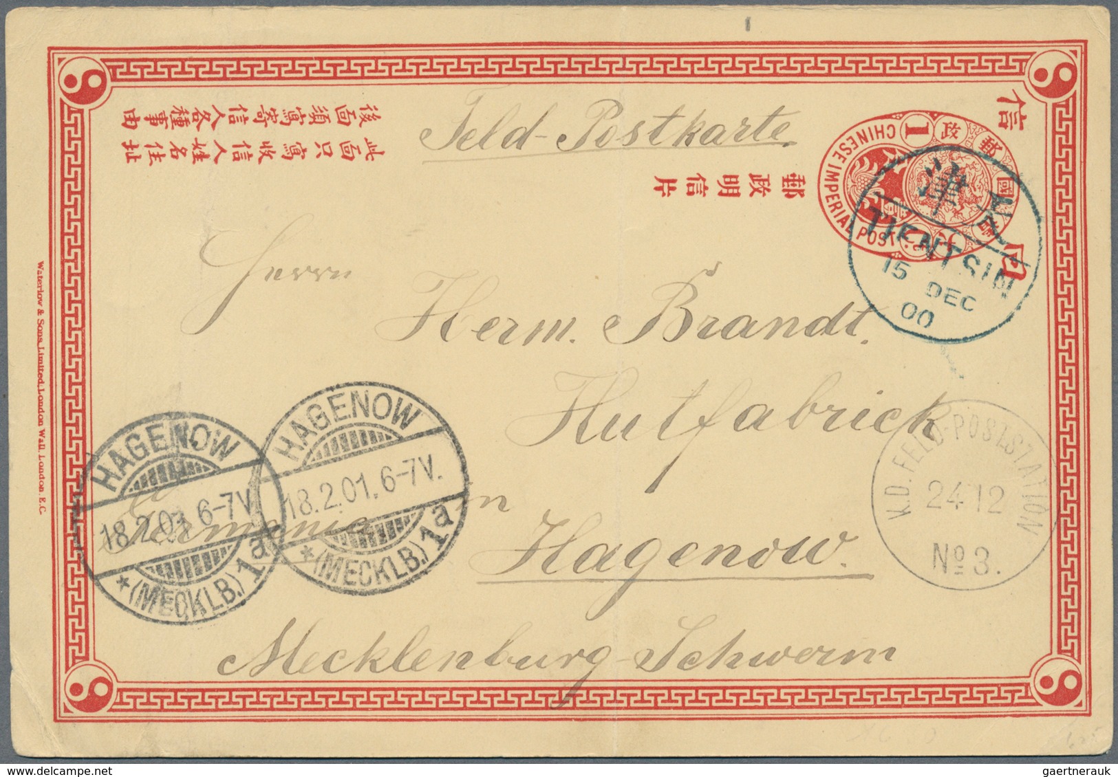 China - Ganzsachen: 1898, CIP 1 C. Reply Part Canc. "TIENTSIN 15 DEC 00" Used As German Field Post C - Postcards