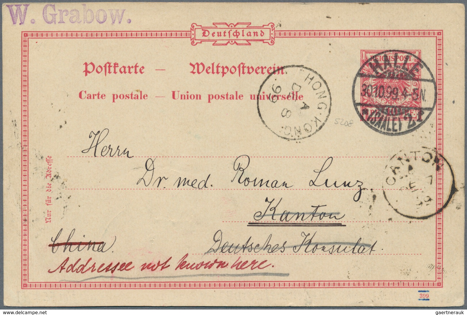 China - Incoming Mail: 1899, Germany, UPU Card To Canton C/o German Consulate From "HALLE 30.10.99" - Autres & Non Classés