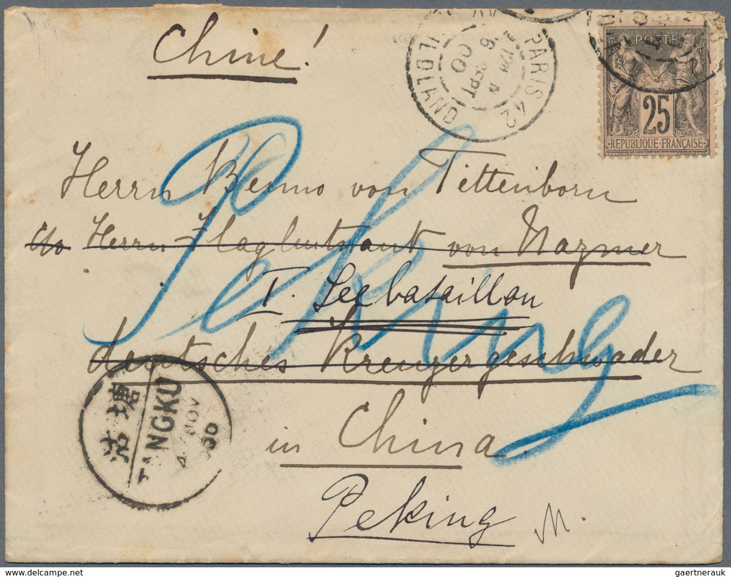 China - Incoming Mail: 1900, France, 25 C. Tied "PARIS 42 6 SEPT 00" To German Navy Squadron In Chin - Autres & Non Classés
