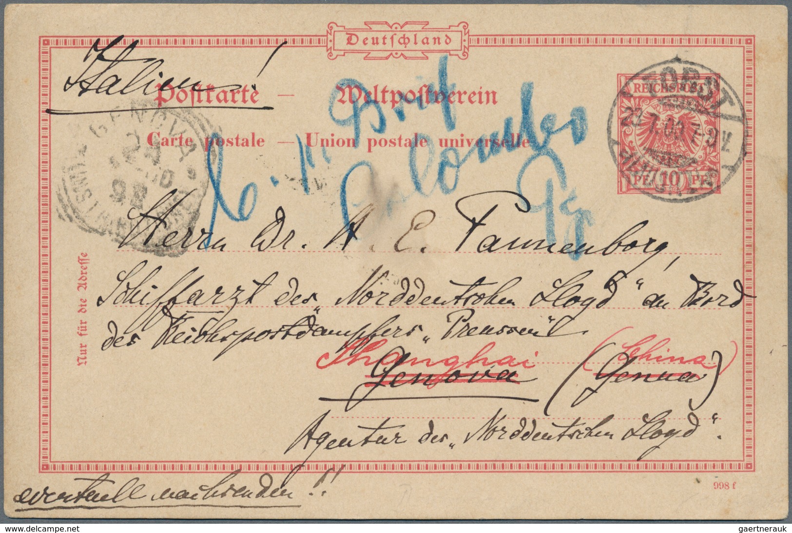 China - Incoming Mail: 1900, Germany UPU Card 10 Pf. Canc. "FORST 28.7.99" To Ship MD Of German Post - Autres & Non Classés