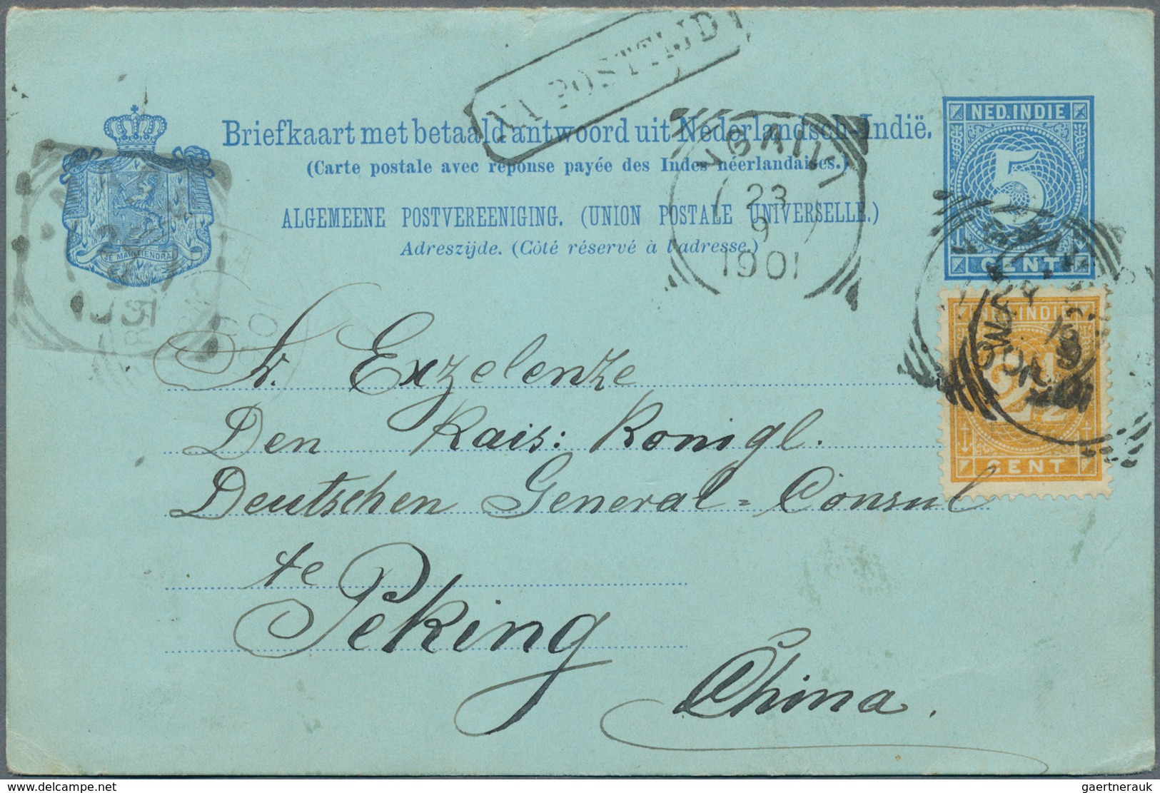 China - Incoming Mail: 1901, Incoming Mail: Dutch East Indies, 5 C Blue Psc Uprated With 2 1/2 C Yel - Sonstige & Ohne Zuordnung