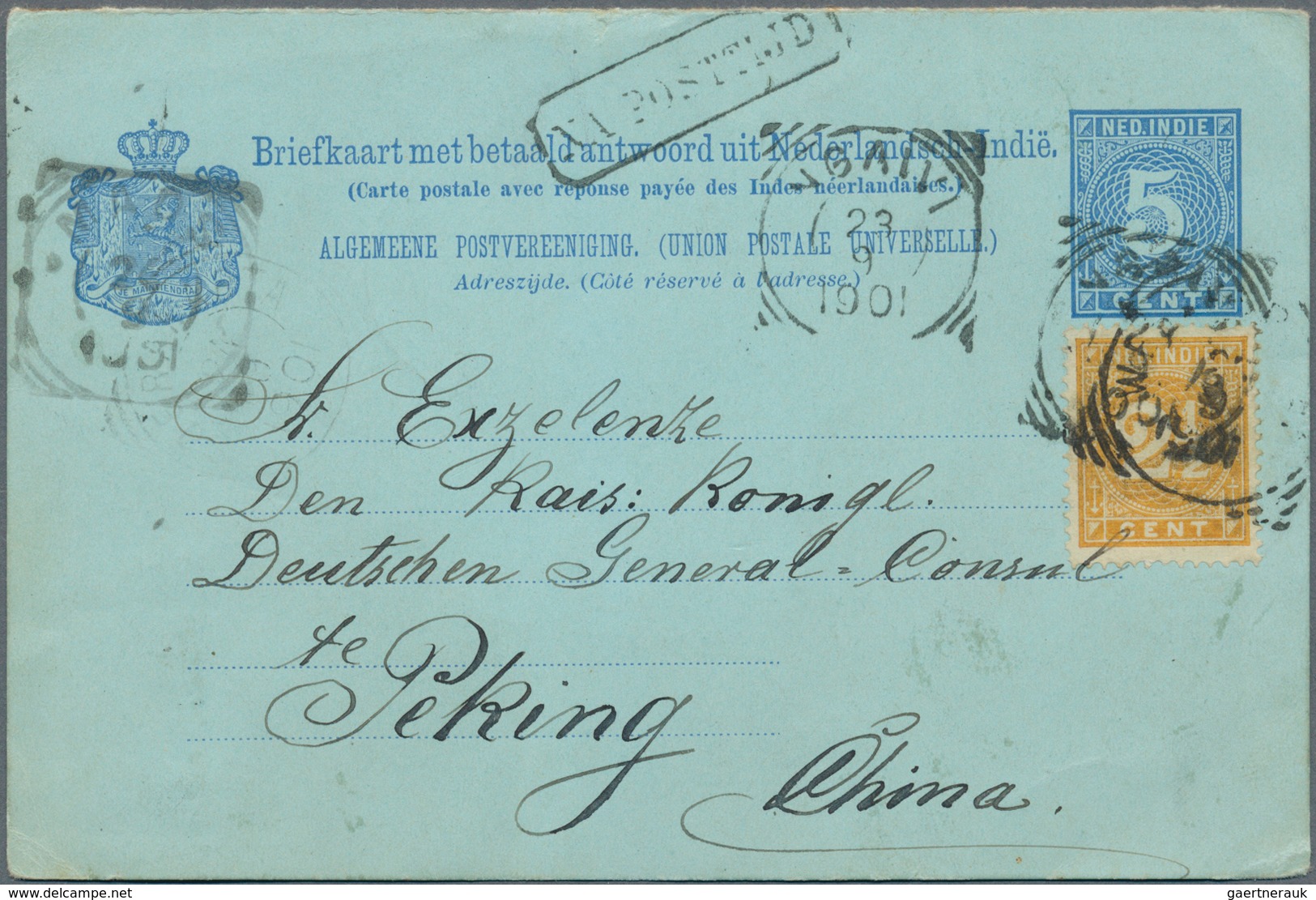 China - Incoming Mail: 1901, Incoming Mail: Dutch East Indies, 5 C Blue Psc Uprated With 2 1/2 C Yel - Other & Unclassified