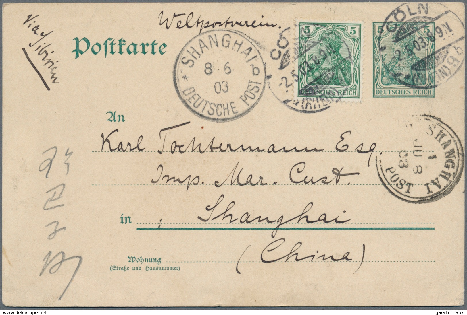 China - Incoming Mail: 1902/03, Germany, Two Stationery Cards Canc. "HANNOVER" To Tochtermann Of IMC - Autres & Non Classés