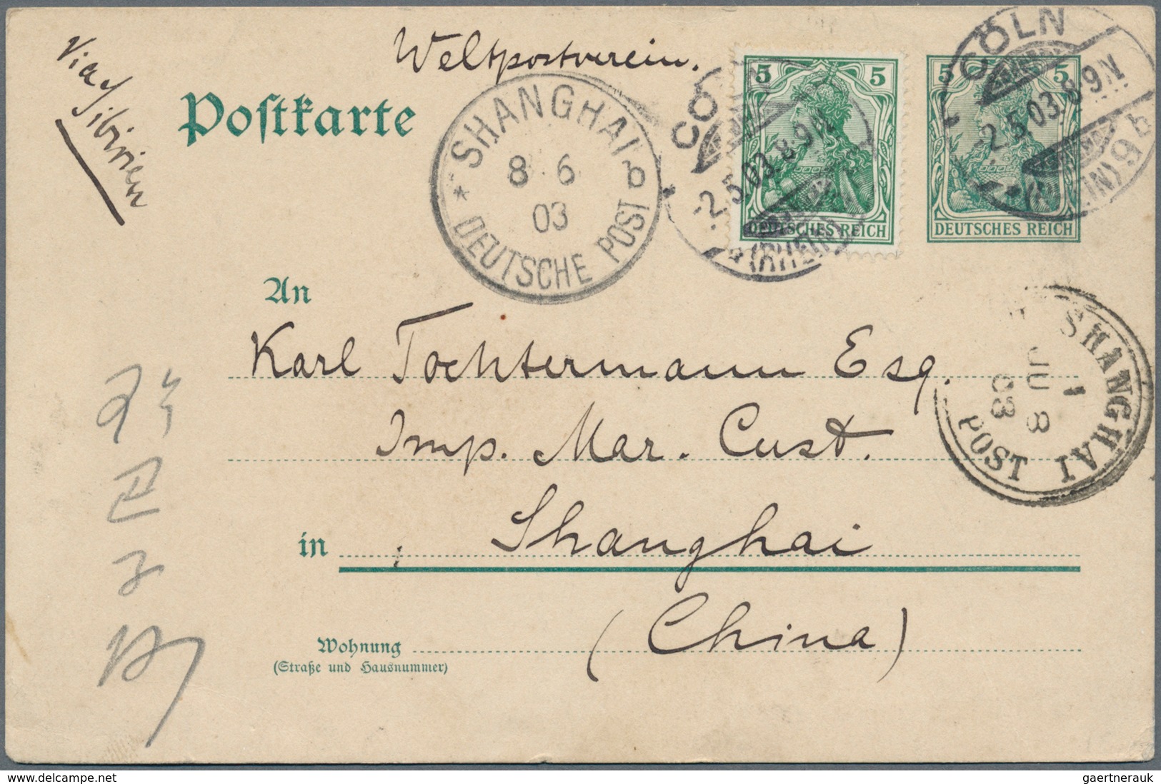 China - Incoming Mail: 1902/03, Germany, Two Stationery Cards Canc. "HANNOVER" To Tochtermann Of IMC - Other & Unclassified