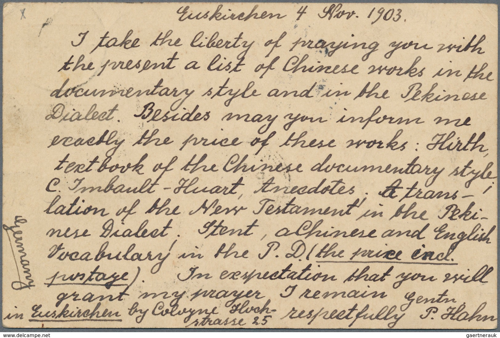 China - Incoming Mail: 1903, Germany, UPU Card "EUSKIRCHEN 4.11.03" To Shanghai W. German Office Nov - Other & Unclassified