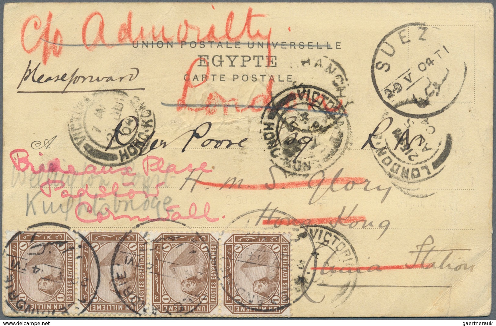 China - Incoming Mail: 1904, Egypt, 1 M. Brown Vertical Strip-4 Tied "Alexandria 26.5.04" To HMS Mor - Other & Unclassified