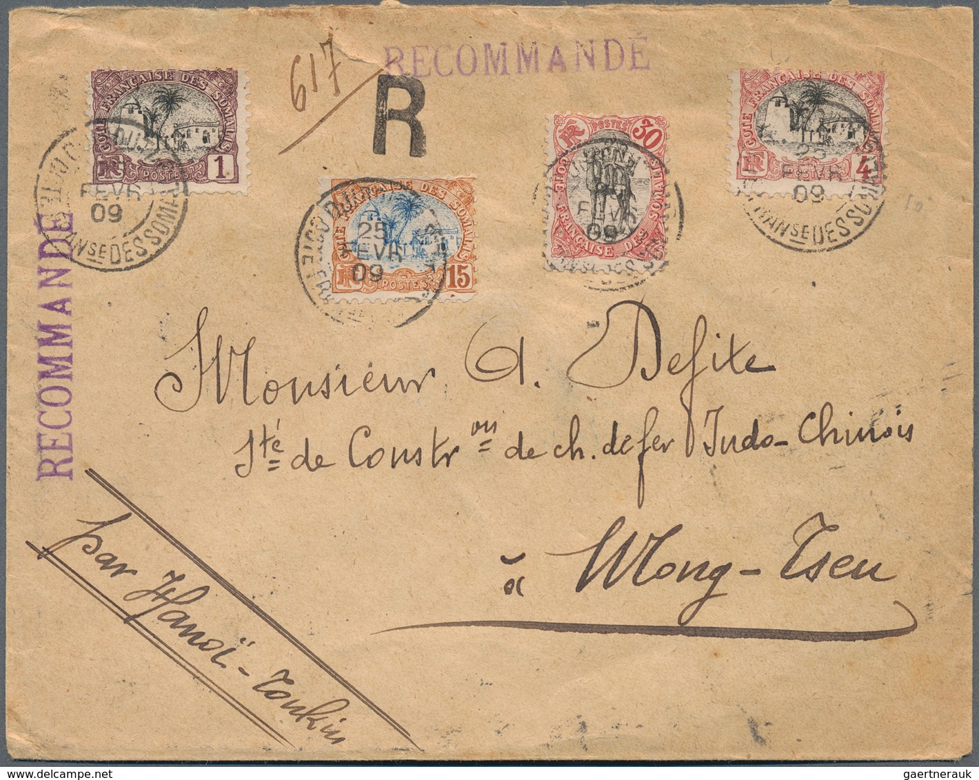 China - Incoming Mail: 1909, French Somali Coast: 1 C, 4 C, 15 C And 30 C Definitives, Mixed Frankin - Autres & Non Classés