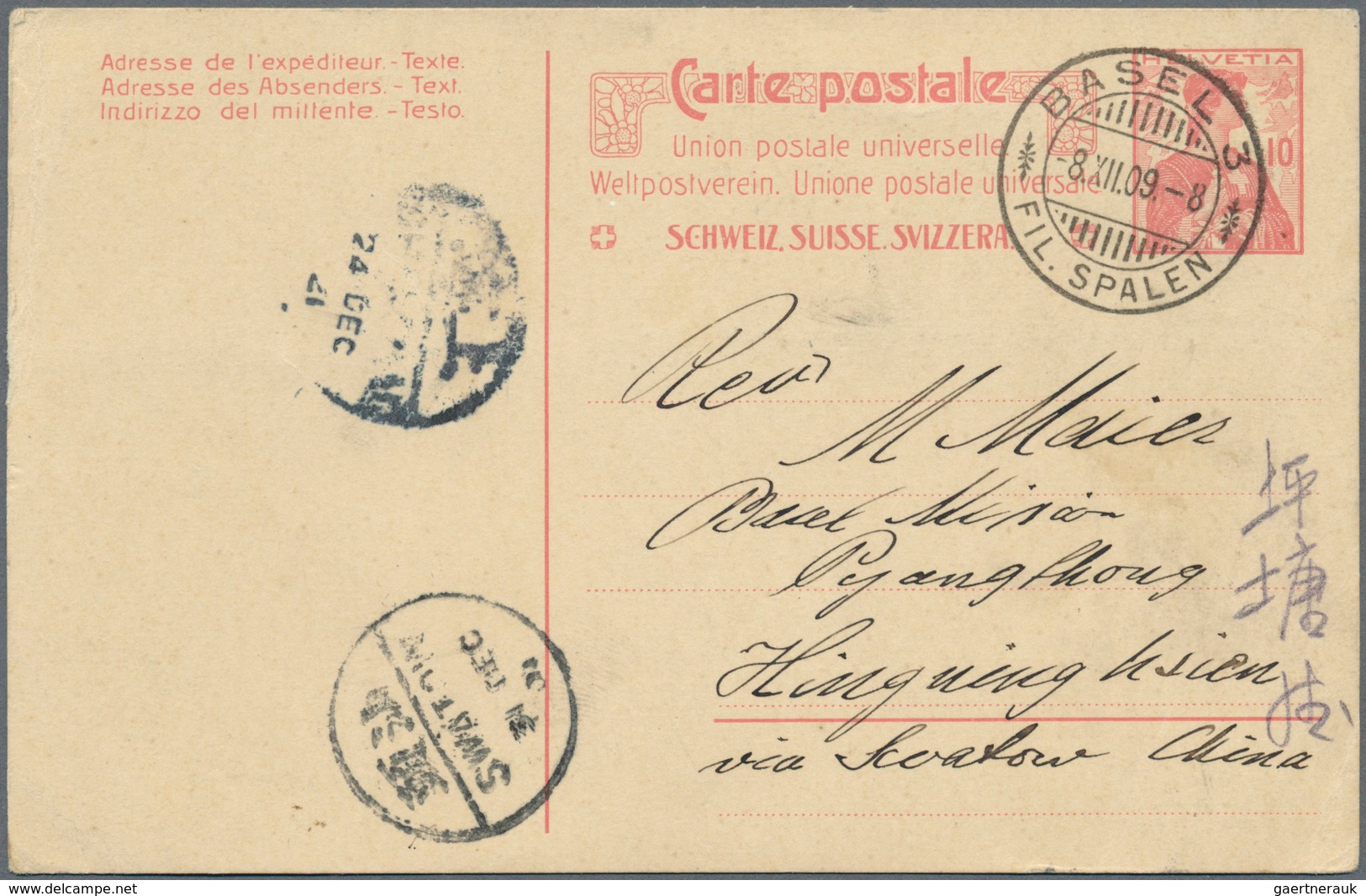 China - Incoming Mail: Switzerland To Kwantung Province Via Suez, 1909: Card From Basel Mission "BAS - Sonstige & Ohne Zuordnung